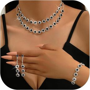 HUASAI Prom Jewelry Sets Silver Rhinestone Crystal Bride Statement Choker Necklace Earrings Set for Party Wedding Jewelry Sets for Brides Bridesmaid for Prom Dresses 2024
