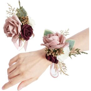 2PCS Burgundy Corsage and Boutonniere Set, Rose Wrist Corsage for Brides Corsage Wristlet for Prom Decor, Groom Boutonniere Set for Men Wedding Anniversary Flowers Party Suit Decoration (Red)
