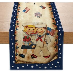 Vintage 4th of July Table Runner 4th of July Decorations - Navy Blue Vintage Style Boys and Girls Independence Day Holiday Home Kitchen Dining Table Decor, 4th of July Party Decorations 13x72 Inch