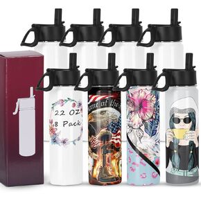 فراغات زجاجات المياه الرياضية بالتسامي (8 عبوات)، أكواب التسامي فارغة 22 أونصة، قارورة زجاجة رياضية من الفولاذ المقاوم للصدأ مع قش ومقبض محمول، معبأة بشكل فردي in Kuwait