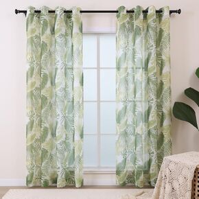 Green Leaf Linen Sheer Curtains 84 Inch Length 2 Panels Set, Tropical Patterned Semi Sheer Light Filtering Curtains for Living Room Dinning Room, Grommet Modern Plant Window Drapes