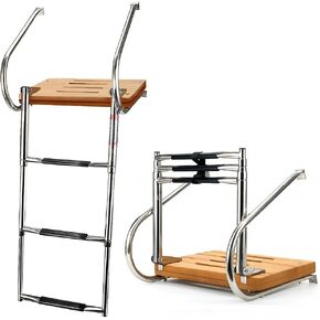 Swim Platform Ladder Teak Stainless with telescoping 3-step 2 Handrails Marine Boat Dock for Marines – Boats – Ships – Yachts