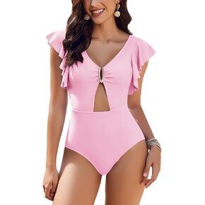 AI'MAGE Womens V Neck One Piece Swimsuit Cutout Tummy Control Ruffle Swimming Suit