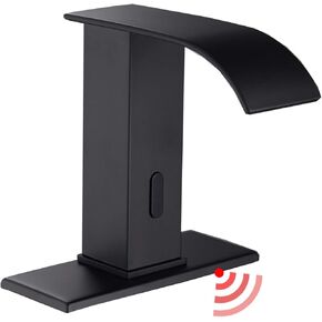 GGStudy Automatic Sensor Matte Black Touchless Bathroom Sink Faucet with Hole Cover Plate Vanity Faucets Hands Free Waterfall Bathroom Water Tap with Control Box and Temperature Mixer