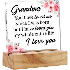 Grandma Gifts From Granddaughter Grandson, Nana Gifts for Birthday Christmas Mother's Day, Grandma Clear Acrylic Sign with Wood Stand Table Sign Flower Decoration Presents