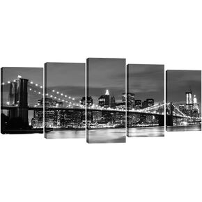 Wieco Art New York Brooklyn Bridge Canvas Wall Art Night View 5 Panels Modern Landscape Artwork Canvas Prints Abstract Pictures to Photo Canvas Wall Decor for Home & Office Decorations