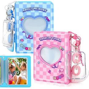 Whaline 3 Inch Kpop Photocard Holder Book Love Heart Hollow Card Photo Binder with Pendant Blue Pink Plaid Mini Photo Album with Cute Decorations for ldol Card Photo Protector Collect, 2 Pieces