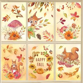 6 Sheet Fall Window Clings Decals Autumn Leaves Squirrel Window Stickers Double-Side Removable Happy Fall Window Decals for for Harvest Thanksgiving School Home Party Window Glass Decor