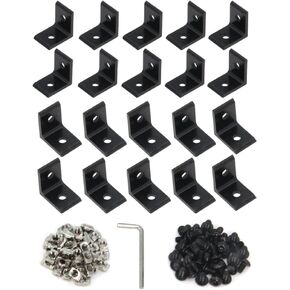 Zeberoxyz 20PCS 2020Series Corner Bracket Black 2 Hole Aluminum Inside Corner Brackets with M5 Screws+T-Nuts for Slot 6mm 2020 Aluminum Extrusion Profile(Black with Nut)