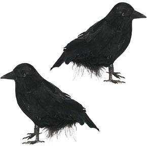 Halloween Realistic Crows Black Feathered Standing Crows Christmas Fake Birds Ravens for Outdoor Indoor Party Props Supplies Decorations Cute Artificial Handmade Life-Like Lifesize Model Crow 2 Pcs