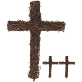EXCEART Easter Rattan Cross Wreath, 3pcs Cross Shaped Grapevine Wreath Religious Wreath Form Base Twig Swag Frame Garland Ring for Church Front Door Wedding 16.9in