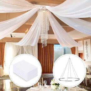 Ceiling Drapes Hanging Kit with Drapery: 6 Panels 5ftx15ft Long Curtains - White Wedding Chiffon Fabric for Outdoor Canopy