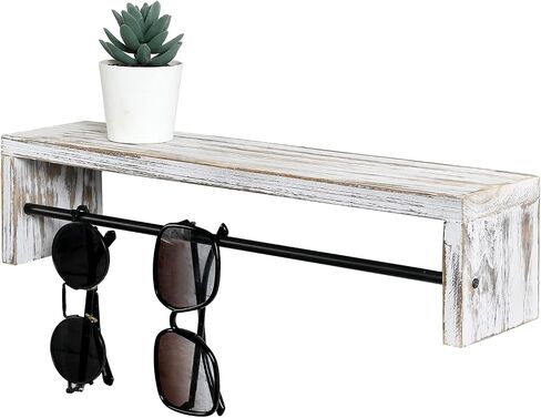 MyGift Shabby White Washed Solid Wood Sunglasses Display Shelf with Black Metal Hanging Bar, Wall Mounted Decorative Shelving and Eyewear Glasses Organizer Rail in Saudi Arabia