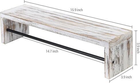 MyGift Shabby White Washed Solid Wood Sunglasses Display Shelf with Black Metal Hanging Bar, Wall Mounted Decorative Shelving and Eyewear Glasses Organizer Rail in Saudi Arabia