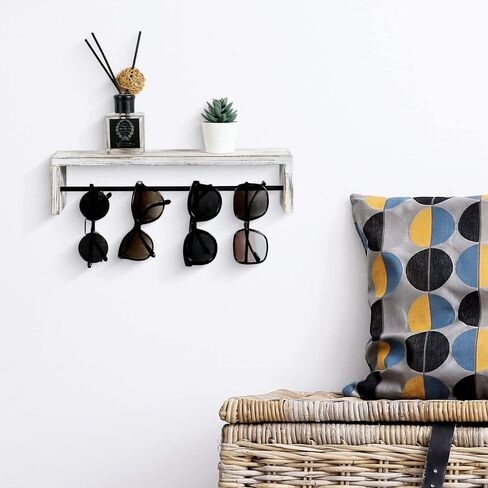MyGift Shabby White Washed Solid Wood Sunglasses Display Shelf with Black Metal Hanging Bar, Wall Mounted Decorative Shelving and Eyewear Glasses Organizer Rail in Saudi Arabia