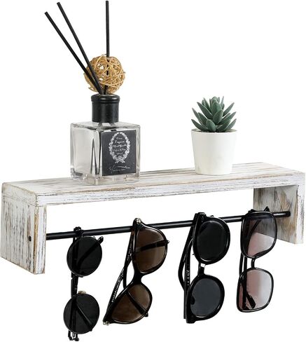 MyGift Shabby White Washed Solid Wood Sunglasses Display Shelf with Black Metal Hanging Bar, Wall Mounted Decorative Shelving and Eyewear Glasses Organizer Rail in Saudi Arabia