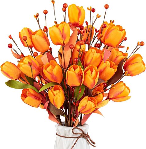 6 قطع من زهور الخريف الاصطناعية من Yawwind مقاس 43.18 سم زهور التوليب الاصطناعية ترتيبات زهور الخريف مع زهرة الحرير البرتقالية التوتية لمزهرية المنزل في الداخل ديكور قطع مركزية للطاولة in Kuwait