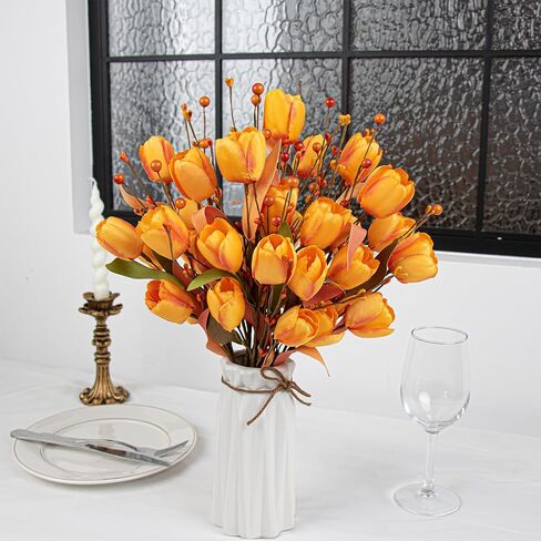 6 قطع من زهور الخريف الاصطناعية من Yawwind مقاس 43.18 سم زهور التوليب الاصطناعية ترتيبات زهور الخريف مع زهرة الحرير البرتقالية التوتية لمزهرية المنزل في الداخل ديكور قطع مركزية للطاولة in Kuwait