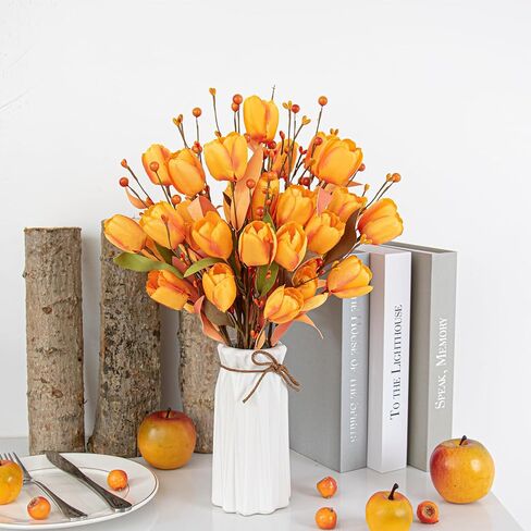 6 قطع من زهور الخريف الاصطناعية من Yawwind مقاس 43.18 سم زهور التوليب الاصطناعية ترتيبات زهور الخريف مع زهرة الحرير البرتقالية التوتية لمزهرية المنزل في الداخل ديكور قطع مركزية للطاولة in Kuwait