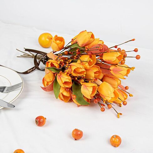6 قطع من زهور الخريف الاصطناعية من Yawwind مقاس 43.18 سم زهور التوليب الاصطناعية ترتيبات زهور الخريف مع زهرة الحرير البرتقالية التوتية لمزهرية المنزل في الداخل ديكور قطع مركزية للطاولة in Kuwait