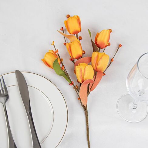 6 قطع من زهور الخريف الاصطناعية من Yawwind مقاس 43.18 سم زهور التوليب الاصطناعية ترتيبات زهور الخريف مع زهرة الحرير البرتقالية التوتية لمزهرية المنزل في الداخل ديكور قطع مركزية للطاولة in Kuwait
