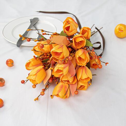 6 قطع من زهور الخريف الاصطناعية من Yawwind مقاس 43.18 سم زهور التوليب الاصطناعية ترتيبات زهور الخريف مع زهرة الحرير البرتقالية التوتية لمزهرية المنزل في الداخل ديكور قطع مركزية للطاولة in Kuwait