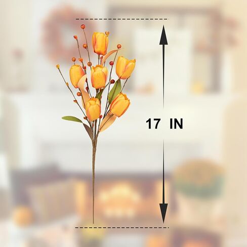 6 قطع من زهور الخريف الاصطناعية من Yawwind مقاس 43.18 سم زهور التوليب الاصطناعية ترتيبات زهور الخريف مع زهرة الحرير البرتقالية التوتية لمزهرية المنزل في الداخل ديكور قطع مركزية للطاولة in Kuwait