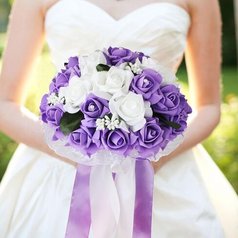 Vlovelife Wedding Bouquet for Bride, 8 x 8 x 11 inch Artificial Purple Flower for Wedding, White & Lavender Artificial Foam Rose Flower, Handmade Bouquet for Bridesmaids in Saudi Arabia