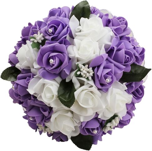 Vlovelife Wedding Bouquet for Bride, 8 x 8 x 11 inch Artificial Purple Flower for Wedding, White & Lavender Artificial Foam Rose Flower, Handmade Bouquet for Bridesmaids in Saudi Arabia