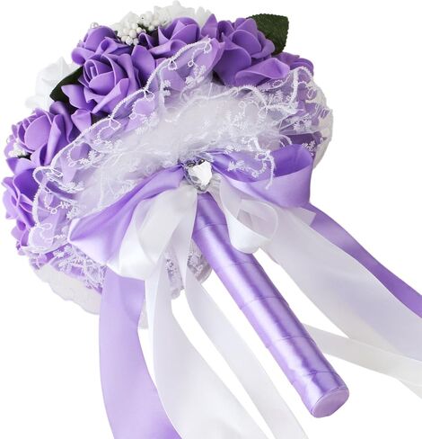 Vlovelife Wedding Bouquet for Bride, 8 x 8 x 11 inch Artificial Purple Flower for Wedding, White & Lavender Artificial Foam Rose Flower, Handmade Bouquet for Bridesmaids in Saudi Arabia