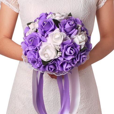 Vlovelife Wedding Bouquet for Bride, 8 x 8 x 11 inch Artificial Purple Flower for Wedding, White & Lavender Artificial Foam Rose Flower, Handmade Bouquet for Bridesmaids in Saudi Arabia