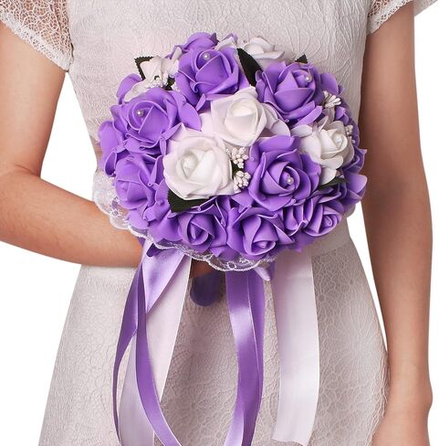 Vlovelife Wedding Bouquet for Bride, 8 x 8 x 11 inch Artificial Purple Flower for Wedding, White & Lavender Artificial Foam Rose Flower, Handmade Bouquet for Bridesmaids in Saudi Arabia