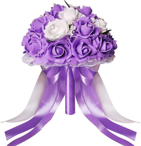 Vlovelife Wedding Bouquet for Bride, 8 x 8 x 11 inch Artificial Purple Flower for Wedding, White & Lavender Artificial Foam Rose Flower, Handmade Bouquet for Bridesmaids in Saudi Arabia