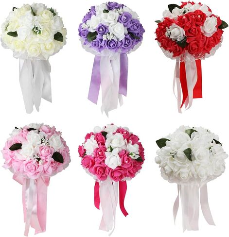 Vlovelife Wedding Bouquet for Bride, 8 x 8 x 11 inch Artificial Purple Flower for Wedding, White & Lavender Artificial Foam Rose Flower, Handmade Bouquet for Bridesmaids in Saudi Arabia