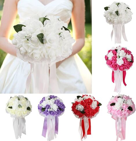 Vlovelife Wedding Bouquet for Bride, 8 x 8 x 11 inch Artificial Purple Flower for Wedding, White & Lavender Artificial Foam Rose Flower, Handmade Bouquet for Bridesmaids in Saudi Arabia