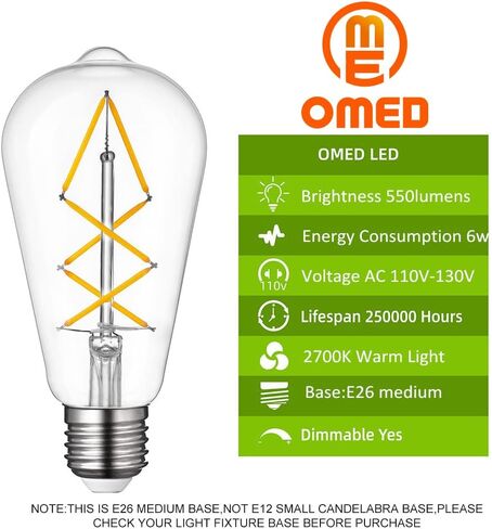 Edison Bulbs Led Lights 60W Equivalent, 6Watt Dimmable Warm White 2700K Amber Glass, Vintage Light Bulb with E26 Base, ST64 Antique LED Filament Bulbs, 600LM, UL listed, 6 Pack Teardrop Top Lamp in Saudi Arabia