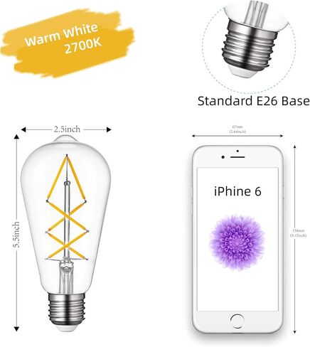 Edison Bulbs Led Lights 60W Equivalent, 6Watt Dimmable Warm White 2700K Amber Glass, Vintage Light Bulb with E26 Base, ST64 Antique LED Filament Bulbs, 600LM, UL listed, 6 Pack Teardrop Top Lamp in Saudi Arabia
