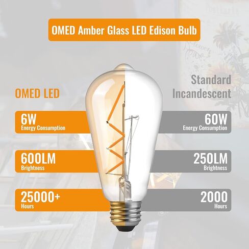 Edison Bulbs Led Lights 60W Equivalent, 6Watt Dimmable Warm White 2700K Amber Glass, Vintage Light Bulb with E26 Base, ST64 Antique LED Filament Bulbs, 600LM, UL listed, 6 Pack Teardrop Top Lamp in Saudi Arabia