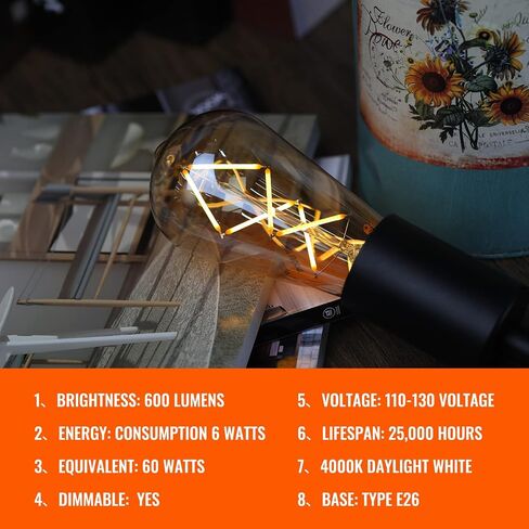 Edison Bulbs Led Lights 60W Equivalent, 6Watt Dimmable Warm White 2700K Amber Glass, Vintage Light Bulb with E26 Base, ST64 Antique LED Filament Bulbs, 600LM, UL listed, 6 Pack Teardrop Top Lamp in Saudi Arabia