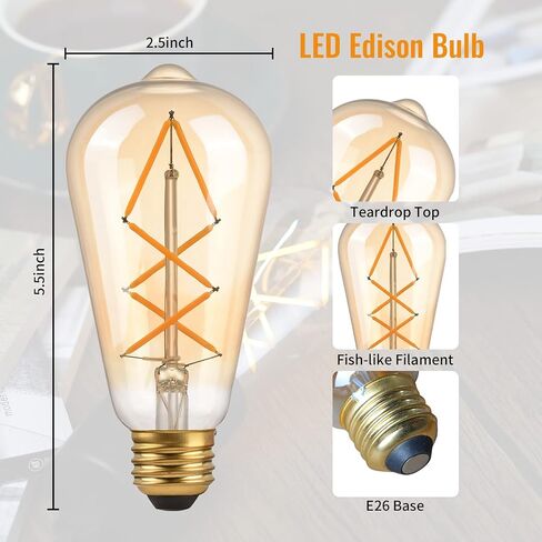 Edison Bulbs Led Lights 60W Equivalent, 6Watt Dimmable Warm White 2700K Amber Glass, Vintage Light Bulb with E26 Base, ST64 Antique LED Filament Bulbs, 600LM, UL listed, 6 Pack Teardrop Top Lamp in Saudi Arabia