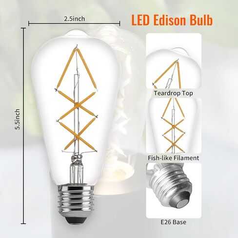 لمبات إديسون LED مكافئة 60 وات، 6 وات عاكس للضوء أبيض دافئ 2700 ك زجاج كهرمان، لمبة إضاءة عتيقة مع قاعدة E26، مصابيح خيوط LED عتيقة ST64، 600LM، مدرج في قائمة UL، 6 عبوات من المصابيح العلوية على شكل دمعة in Kuwait