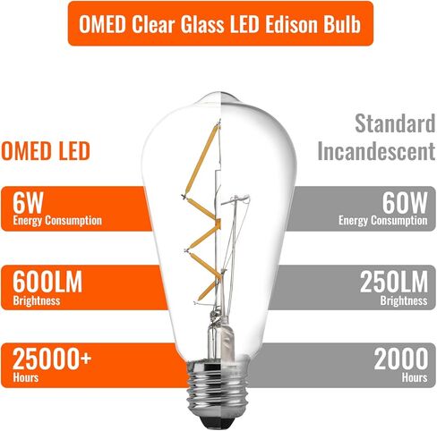 لمبات إديسون LED مكافئة 60 وات، 6 وات عاكس للضوء أبيض دافئ 2700 ك زجاج كهرمان، لمبة إضاءة عتيقة مع قاعدة E26، مصابيح خيوط LED عتيقة ST64، 600LM، مدرج في قائمة UL، 6 عبوات من المصابيح العلوية على شكل دمعة in Kuwait
