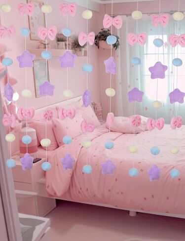 NiHome Fluffy Plush Doorway Curtain, Cute Hanging String Garland Kawaii Wall Hanging Home Decor for Girl Baby Room,Plush Bowknot Pentacle Garland Curtain with Hooks & Adhesive Velcro, 9 Strings in Saudi Arabia