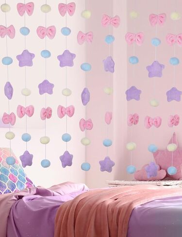 NiHome Fluffy Plush Doorway Curtain, Cute Hanging String Garland Kawaii Wall Hanging Home Decor for Girl Baby Room,Plush Bowknot Pentacle Garland Curtain with Hooks & Adhesive Velcro, 9 Strings in Saudi Arabia