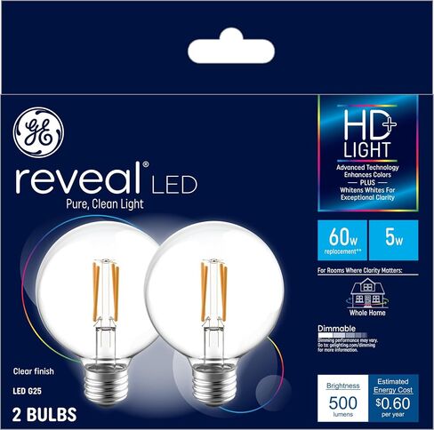 GE Reveal LED Light Bulbs, 60 Watt, G25 Globe Bulbs, Medium Base (2 Pack) in Saudi Arabia