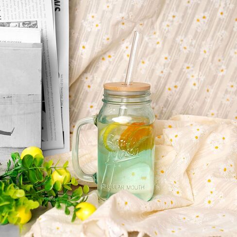 ANOTION Mason Jar with Lid and Straw, 24 oz Regular Mouth Mason Jars with Handle Drinking Glasses Tumbler Reusable Cups Smoothie Water Bottles for Iced Coffee (Classic 2 cups Style) in Kuwait