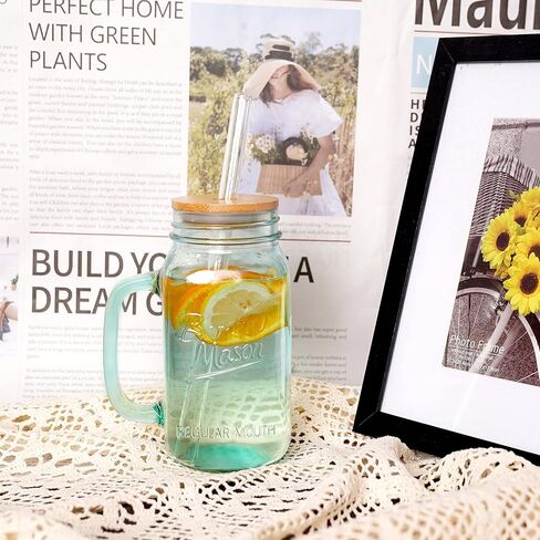 ANOTION Mason Jar with Lid and Straw, 24 oz Regular Mouth Mason Jars with Handle Drinking Glasses Tumbler Reusable Cups Smoothie Water Bottles for Iced Coffee (Classic 2 cups Style) in Kuwait