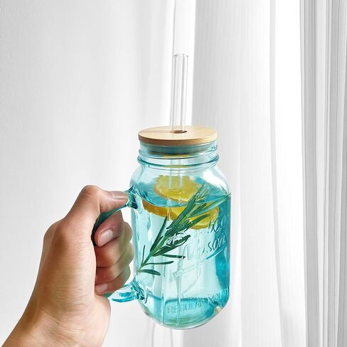 ANOTION Mason Jar with Lid and Straw, 24 oz Regular Mouth Mason Jars with Handle Drinking Glasses Tumbler Reusable Cups Smoothie Water Bottles for Iced Coffee (Classic 2 cups Style) in Kuwait