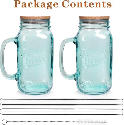 ANOTION Mason Jar with Lid and Straw, 24 oz Regular Mouth Mason Jars with Handle Drinking Glasses Tumbler Reusable Cups Smoothie Water Bottles for Iced Coffee (Classic 2 cups Style) in Kuwait