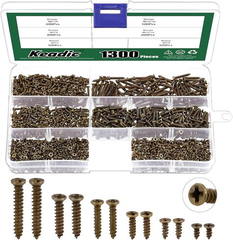 Keadic 2200 Pcs 4 Color Small Self Tapping Screws Assortment Kit, M2*5/6/8/10mm M2.6 * 12/16mm Self-Drilling Flat Cross Head Mini Wood Screw with Plastic Case (Black, Bronze, Silver, Gold) in Saudi Arabia